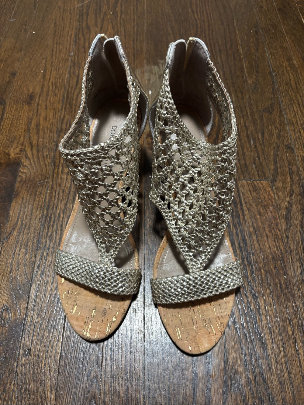 Donald Pliner, Gold Crochet Wedge Sandals, Size 8M
